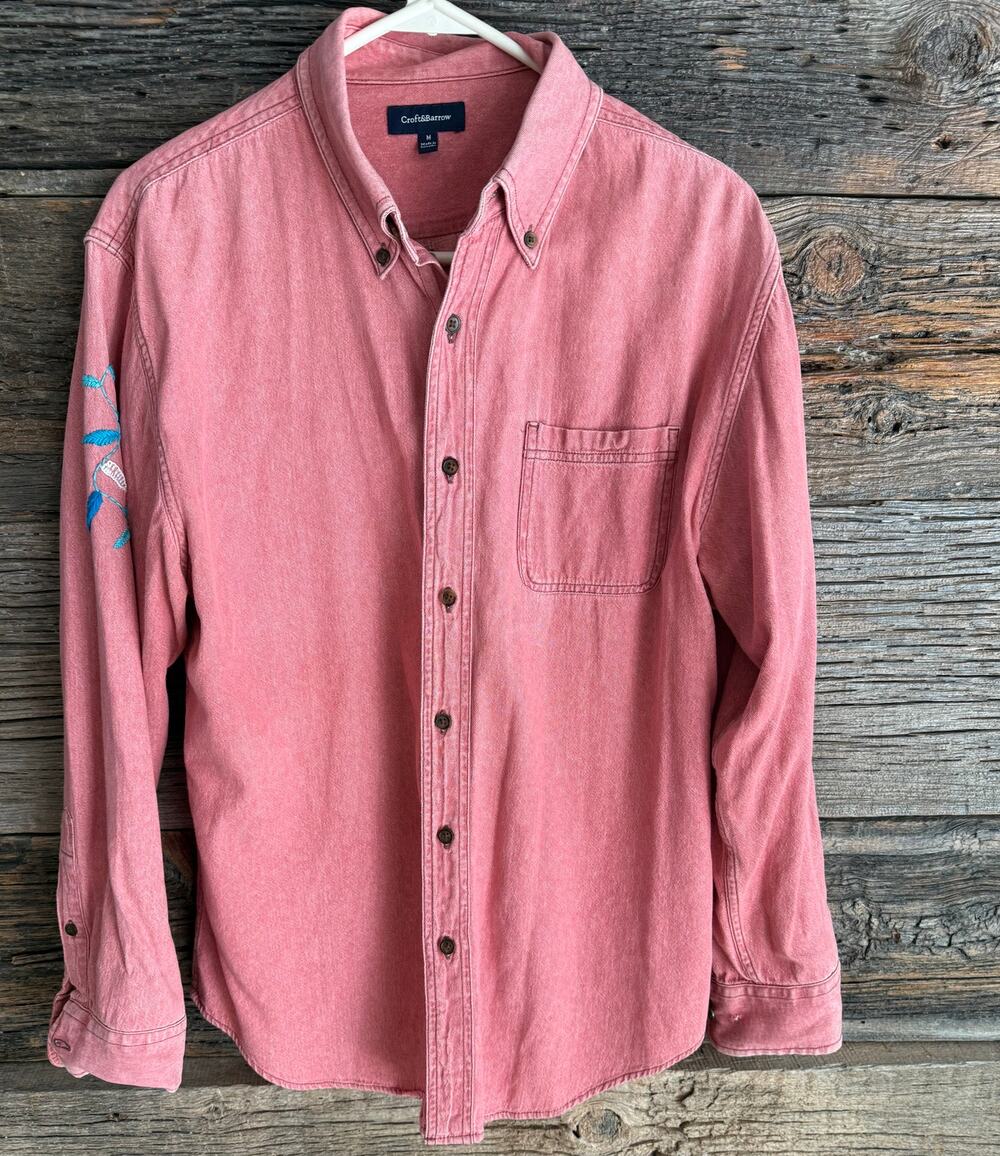 Croft &Barrow Mens M Embroidered Dolphin Fish Shirt Pink/Coral Cotton